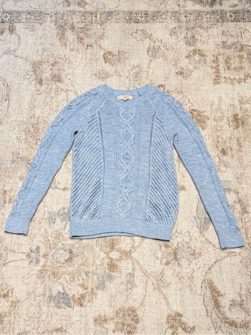 LOFT Sky Blue Cable & Openwork Crewneck Sweater